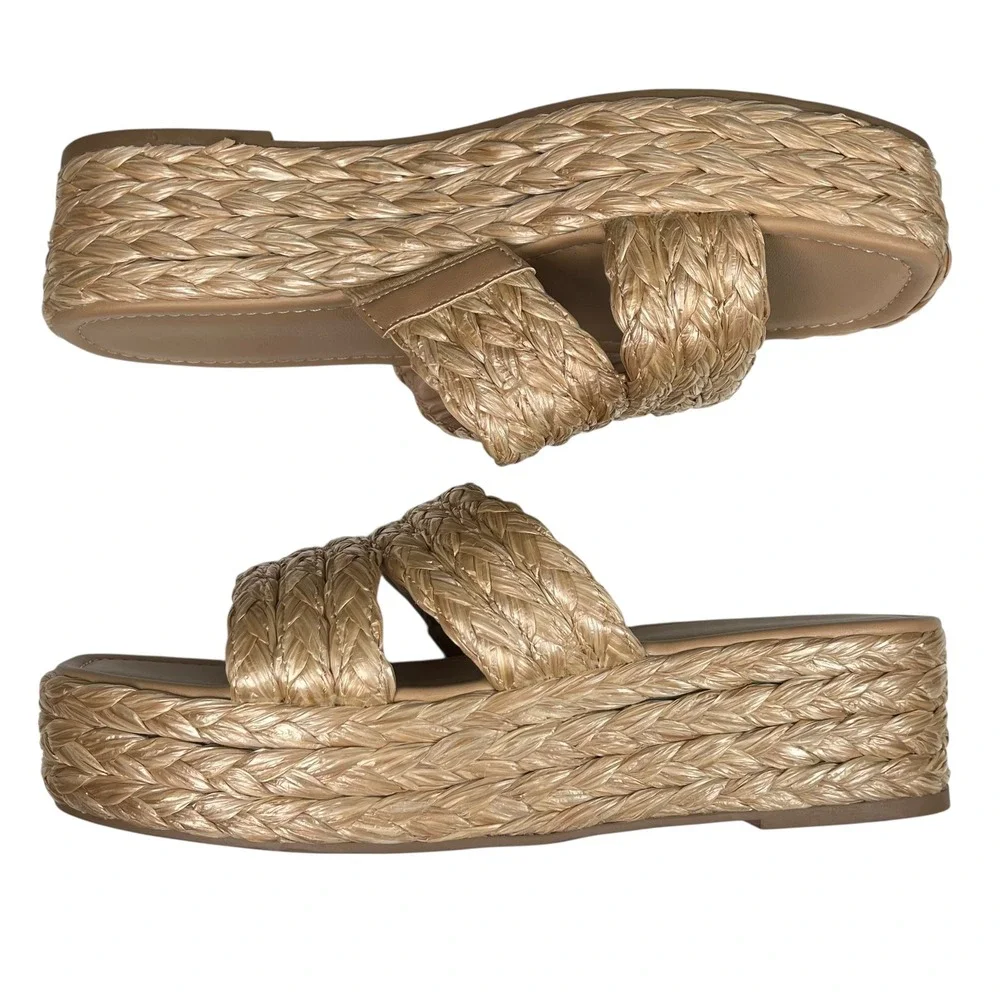 Sun‎ Stone Women's Platform Wedge Sandals Raffia Double Strap Slides Size 10